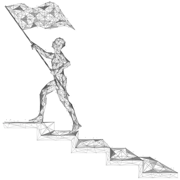 Adam Bayrakla Merdivenleri Çıkıyor Çizgi Noktaların Çokgen Tasarımı — Stok Vektör