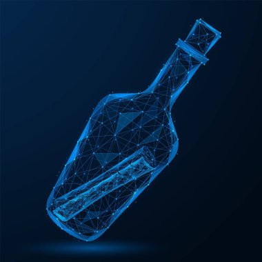 Şişe mantarlı bir not. Birbirine bağlı elementlerin çokgen tasarımı. Mavi arkaplan.