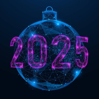 Happy New year 2025, planet earth in the form of a Christmas ball. Polygonal design of interconnected lines and dots. clipart