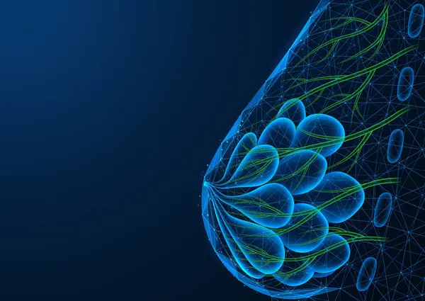 Göğüs lenf düğümleri. Birbirine bağlı çizgilerin ve noktaların düşük polyester dizaynı. Mavi arkaplan.