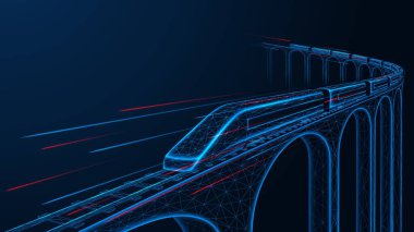 Demiryolu köprüsünden hızla geçen bir hızlı tren. Birbirine bağlı elementlerden oluşan düşük-polyester bir tasarım. Mavi arkaplan.