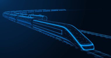 Trenler, yakıt depolarını demiryolu ile taşıyor. Birbirine bağlı çizgilerin ve noktaların çokgen tasarımı. Mavi arkaplan.