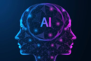 Geleceğin gelecekteki dijital zekası. Nötron ağlarının ve teknolojilerin birleşimi tek bir sentetik zihinde. Birbirine bağlı çizgi ve noktaların çokgen tasarımı.