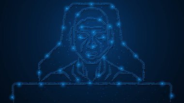 Monitörün önünde yapay zekaya sahip bir operatör. Kulaklık takan bir adamın silueti ve baskılı devre kartı izleri tarzında yapılmış bir mikrofon..