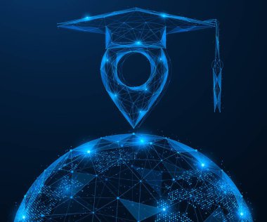 Dijital çağda küresel eğitim. Akademik bir şapkanın içinde, dünyanın üzerinde gezinen bir yer belirleme işareti. Tasarım parlak mavi çizgiler ve noktalardan oluşuyor, yüksek teknolojili bir his yaratıyor..