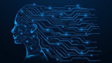 Sanal bilinç. Baskılı bir devre kartının izlerindeki kıllarla birlikte kadın yapay zekasının sibernetik profili. Çokgen tasarım, mavi arkaplan.