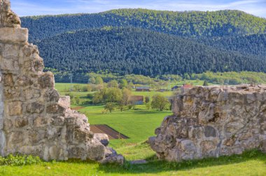 Panoramic view of the Lika region in Croatia. View from the fort Sokolac above the village,