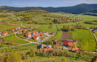 Panoramic aerial view of the village Brinje in Lika Region, Croatia.