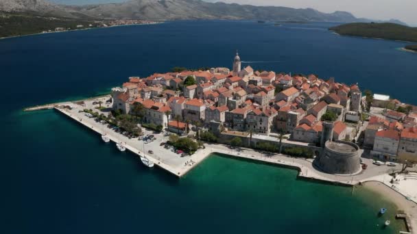 Aerial Panorama Old Medieval Town Korcula Dalmatia Region Croatia — Stock Video