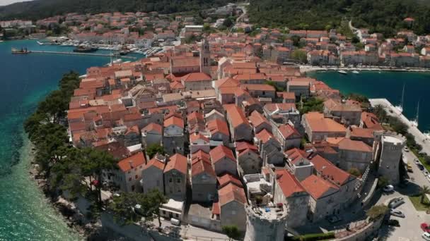 Hırvatistan Dalmaçya Bölgesindeki Eski Ortaçağ Kasabası Korcula Nın Hava Manzarası — Stok video