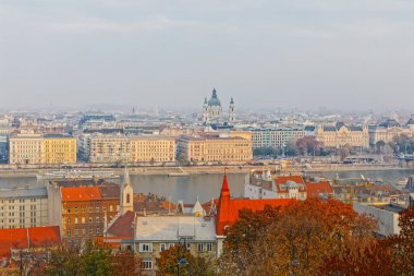 BUDAPEST, Hungary - NOVEMBER 11, 2018: Aerial panoramic view of the historic buildings in city center from the ancient Fishermans Bastion Halaszbastya.