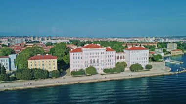 Aerial view of the university old building in Zadar Croatia, descending shoot.