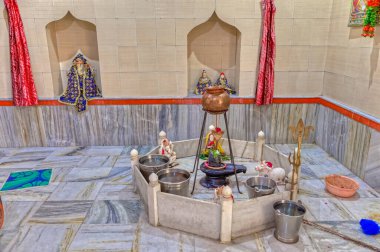 AJMER, INDIA - MARCH 3 2018: A small marble shrine for religious rituals of the Hindu religion.