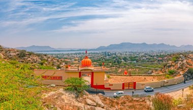 AJMER, INDIA - MARCH 3 2018: Hindu temple at Mangalavaripeta Rajamahendravaram at the Pearl hill panoramic viewpoint above the city.
