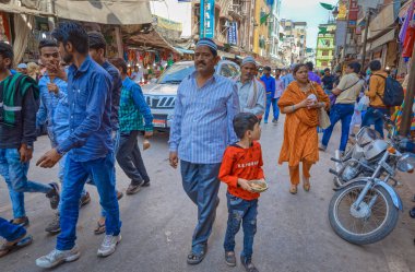 AJMER, INDIA - MARCH 3 2018: Colorful scene of beautiful people on the Dargah Bazar road of the old city center.