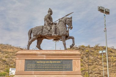 AJMER, INDIA - MARCH 3 2018: Maharana Pratap Smarak bronze sculpture of a historical figure at the Pearl hill viewpoint above the city.