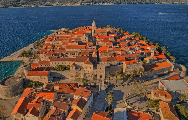 Panorama Aéreo Antigua Ciudad Medieval Korcula Región Dalmacia Croacia — Foto de Stock