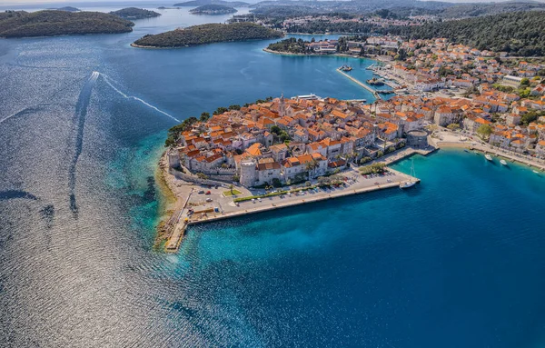 Luchtfoto Panorama Van Oude Middeleeuwse Stad Korcula Dalmatië Kroatië — Stockfoto