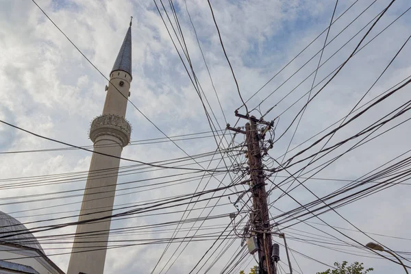 Prizren Kosovo November 2022 Electric Pole Tangle Wires Ottoman Sinan — Stock Photo, Image