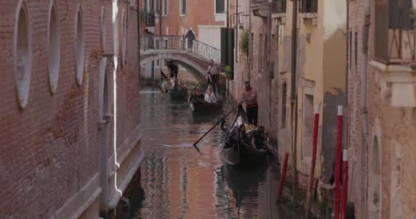Venice Itália Abril 2023 Três Gôndolas Navegando Lançar Canal Estreito — Vídeo de Stock