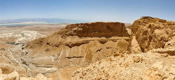 Мертвое Море Пейзаж Панорамный Вид Руин Масада Южной Израильской Пустыне — стоковое фото