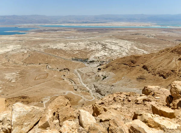 Dead Sea Landscape Panoramic View Masada Ruins Southern Israels Judean — Stock Photo, Image