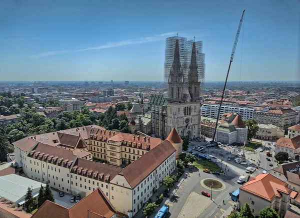 Zagreb โครเอเช พฤษภาคม 2023 มมองทางอากาศของโบสถ ซาเกร บโบสถ ประว ศาสตร หอคอยท — ภาพถ่ายสต็อก