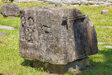 Medieval Croatian stecak tombstones prominently displayed in the central park of Bihac, Bosnia and Herzegovina.