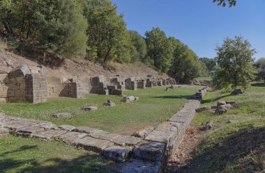 Arnavutluk 'un Apollonia kentindeki çeşitli tarihsel dönemlerin bağlantısını tasvir eden büyük Stoa arkeolojik kalıntıları ve yıkılmış Doric sütunlarının üsleriyle gezinti alanı.