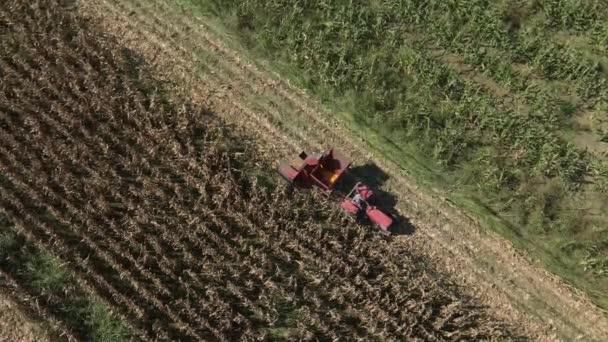 Szoros Légi Felvétel Kombájnnal Felszerelt Traktorról Amely Rögzíti Mezőgazdasági Folyamatot — Stock videók