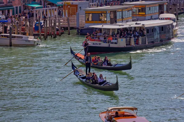 Venice Italy April 2023 Boats Transporting Tourists Passing Beautiful Facades Stock Image