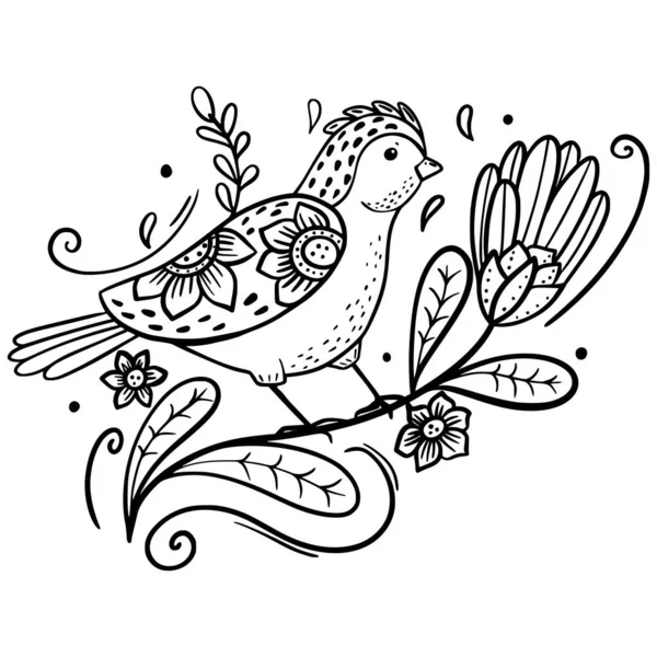 Bird Pájaro Primavera Colorear Boceto Dibujo Manual Para Diseño — Vector de stock