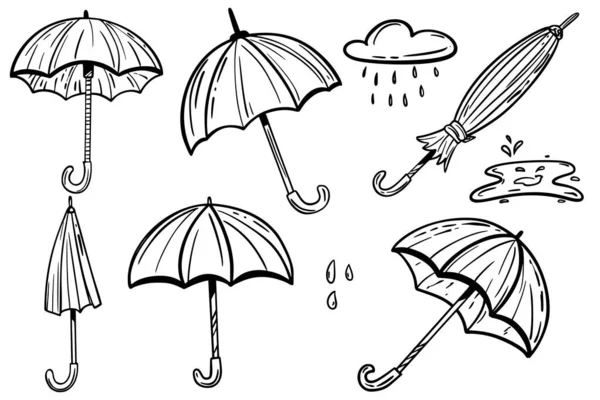 Conjunto Paraguas Boceto Dibujo Manual Para Diseño — Vector de stock