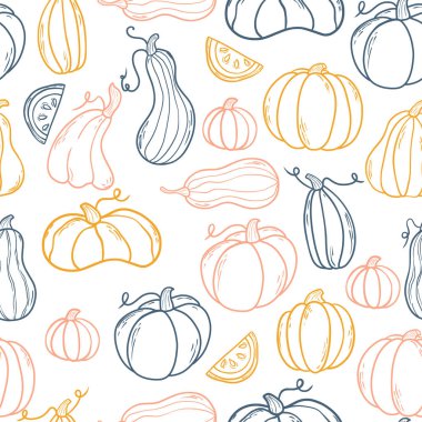 Kusursuz desenli balkabağı. Karalama. El çizimi. Modern tarzda vektör illüstrasyonu. Balkabağı şenliği. Sonbahar sebzesi. Vektör illüstrasyonu