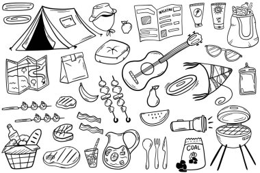 Doodle hazır. Yaz pikniği ve açık hava eğlencesi. Vektör elementleri çadır, ızgara, şiş, su geçirmez kapak, gitar, harita, market sepeti. Yaz tatili.