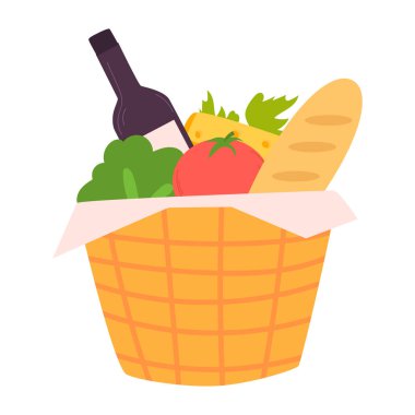 Ürünlerle dolu alışveriş arabası. Piknik için. Simge. Nesne beyaz bir arkaplanda izole edilmiştir. Vektör illüstrasyonu.