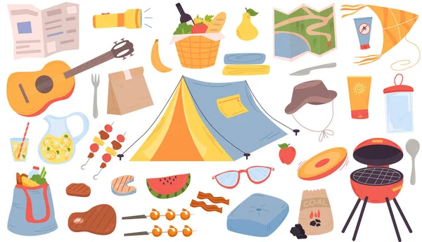 Set. Summer picnic and outdoor recreation. Vector elements tent, grill, skewers, waterproof cover, guitar, map, grocery basket. Summer rest.