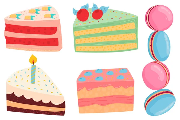 Kuchen Ein Stück Kuchen Mit Einer Kerze Kuchen Set Isoliert — Stockvektor