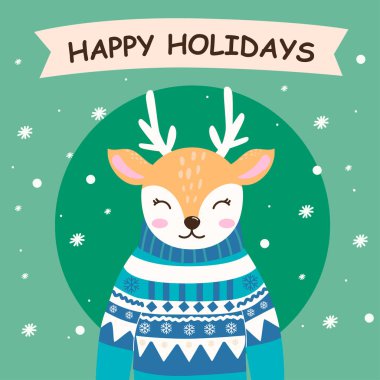 Noel süveteri içinde şirin bir geyik. Vektör çizimi. Noel zamanı. Kartpostallarda, yazıcıda kullanmak için. Vektör illüstrasyonu
