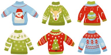 Noel kazağı. Güzel düz stil. Kartpostal Mutlu noeller. Vektör illüstrasyonu.