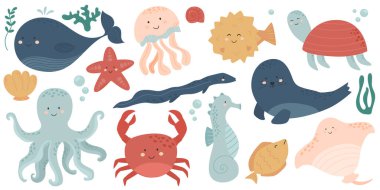 Balıklar ve vahşi deniz hayvanları beyaz arka planda izole edilmiştir. Deniz dünyasının sakinleri, sevimli, komik sualtı yaratıkları yunus, köpekbalığı, okyanus yengeçleri, deniz kaplumbağası, karides. Düz çizgi film çizimi