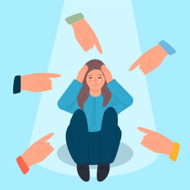 Dizleri göğsüne dayanmış, ağlayan bir kızın vektör çizimi. Bir parmak onu işaret ediyor. kınama.