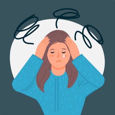 Depresyondaki bir kızın vektör çizimi. Üzgün kız başının üstünde el ele tutuşuyor. Baş ağrısı.