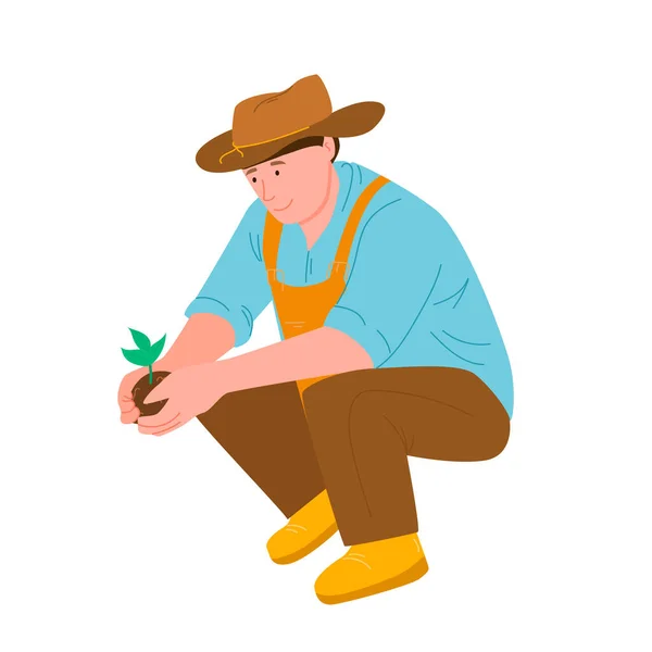 Muž Farmář Drží Klíček Ručně Kreslená Vektorová Ilustrace — Stockový vektor