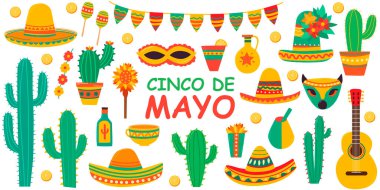 Cinco de mayonez seti, sombrero, gitar, kaktüs