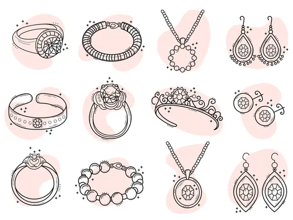 Mücevher koleksiyonu, vektör el çizimi karalama çizimi.