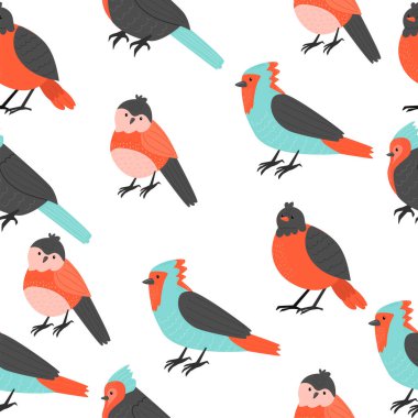 Kusursuz desenli beyaz arka planda sevimli kuşlar. Ulusal Kuş Günü. Düz. el çizim biçimi.