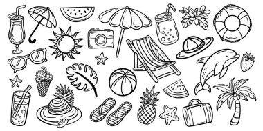Bir dizi yaz sembolü. Yaz tatili. Karalama. El çizimi.