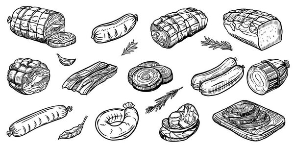 Sketch of meat products. Hand-drawn beef, lamb and pork steak extra or medium rare. Grilled sausages. Icons on a white background