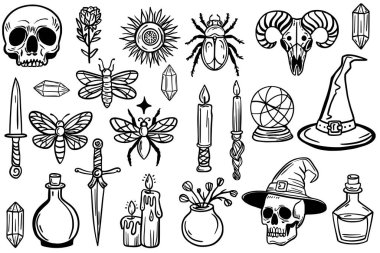 Sihirli elementlerin karalama seti. Büyülü bir nesne. Çizim